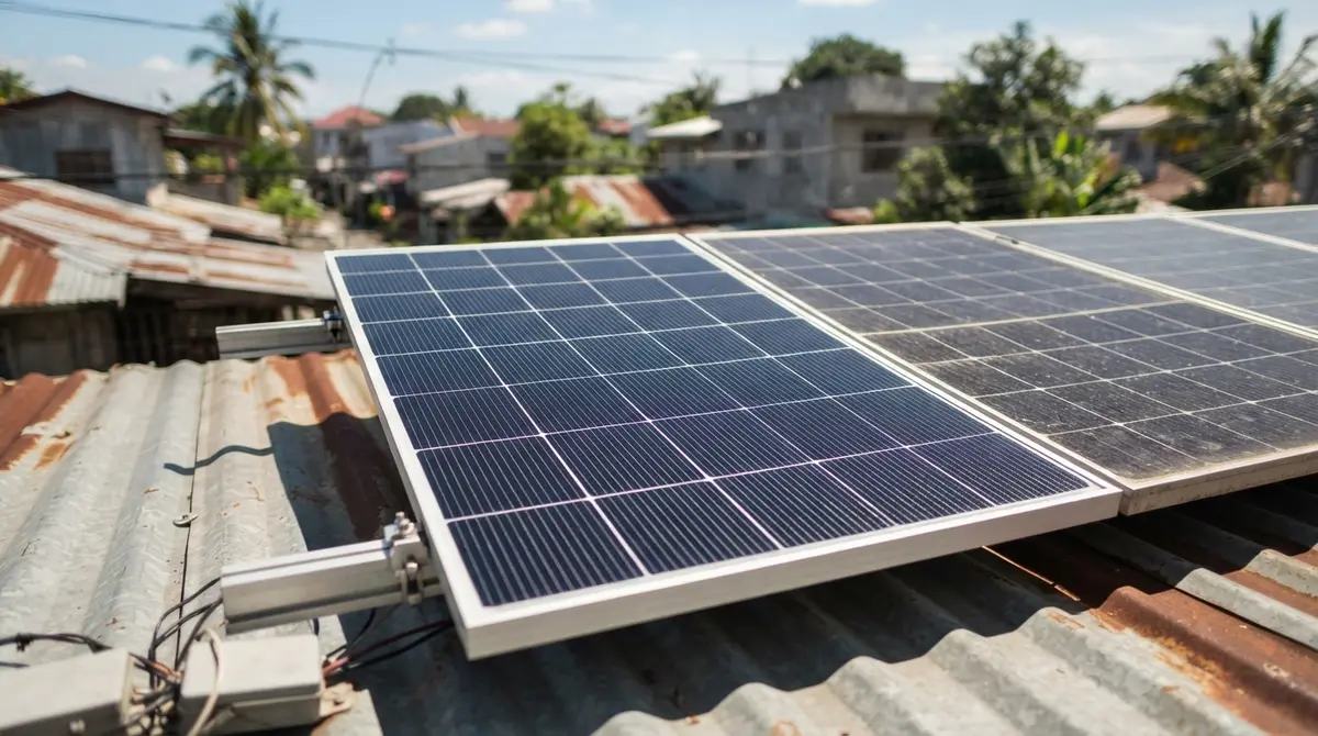 Close up of two different solar panel grid patterns resting side by side on a roof.
