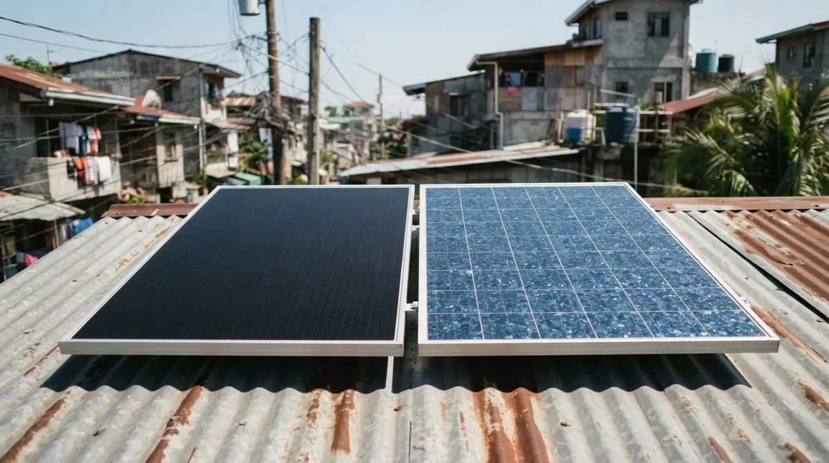 Two different types of solar panels positioned next to each other on a metal roof.