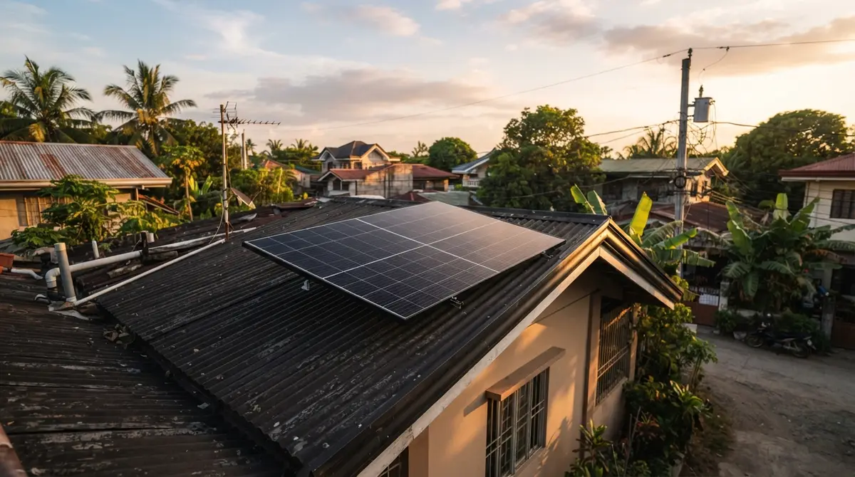 A dark solar panel mounted on a corrugated metal roof during the golden hour.