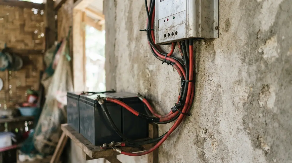 Heavy copper wires connected to a charge controller mounted on a weathered concrete wall.