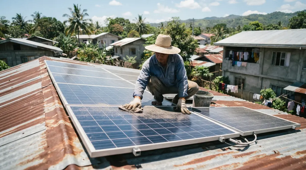A worker cleans dust off dark solar panels on a metal roof under bright sunlight.