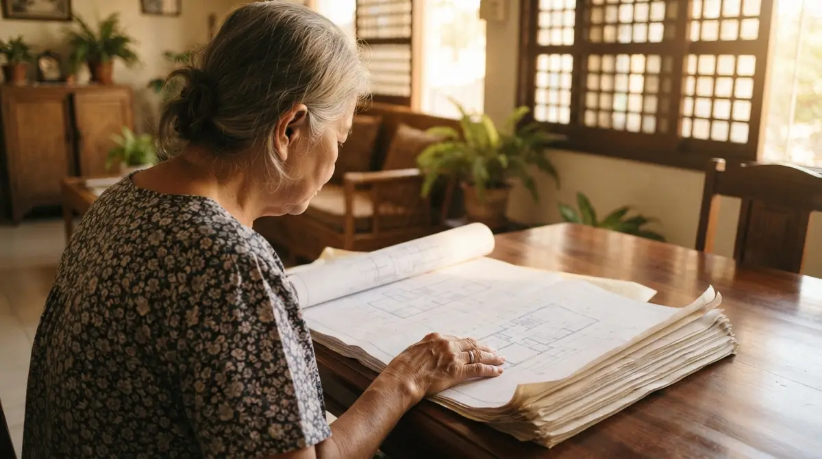 A person examining architectural plans on a wooden table in a sunlit room.