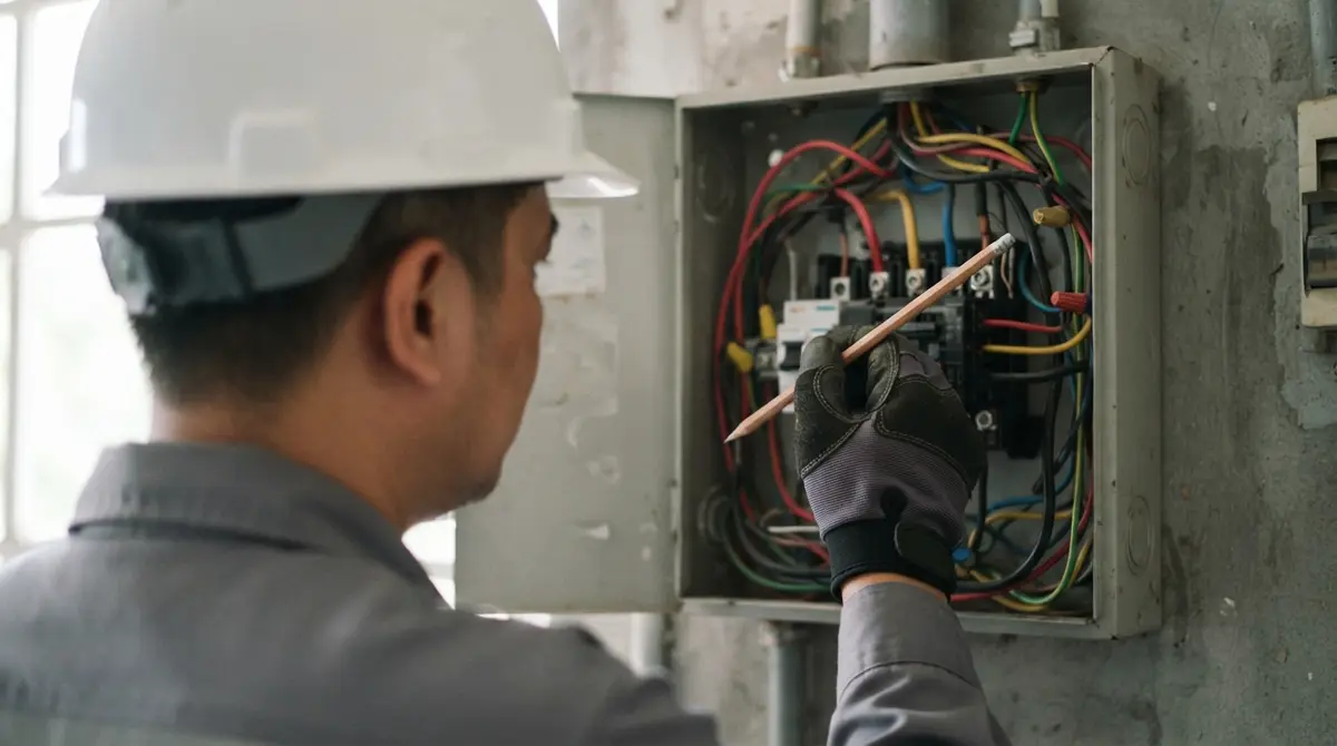 An electrical engineer tracing copper wiring inside an open outdoor utility box.