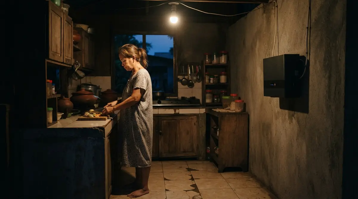 A person in a dimly lit kitchen illuminated by a lamp connected to battery storage.
