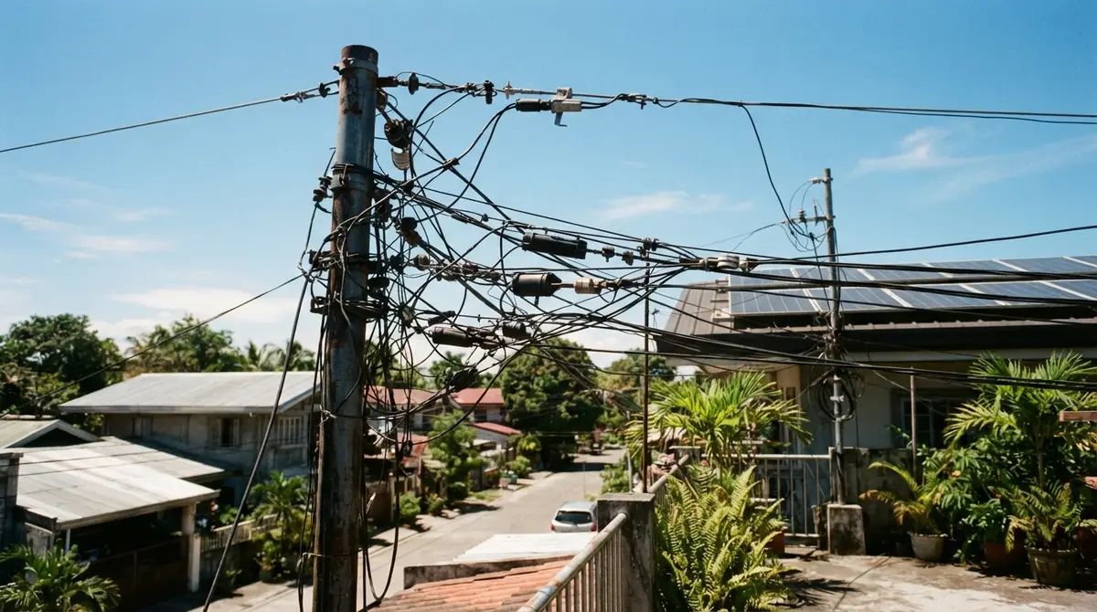 Black power lines stretch from a rooftop solar installation to a nearby wooden utility pole.