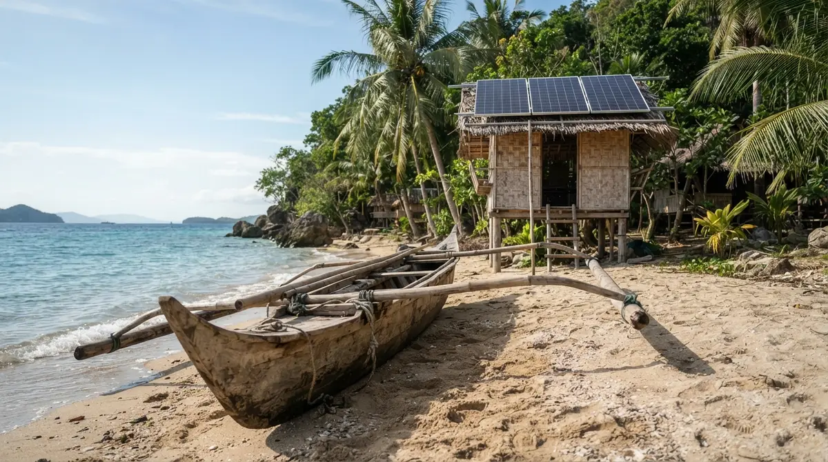 Solar panels mounted on a stilted wooden house overlooking a sandy beach and boat.