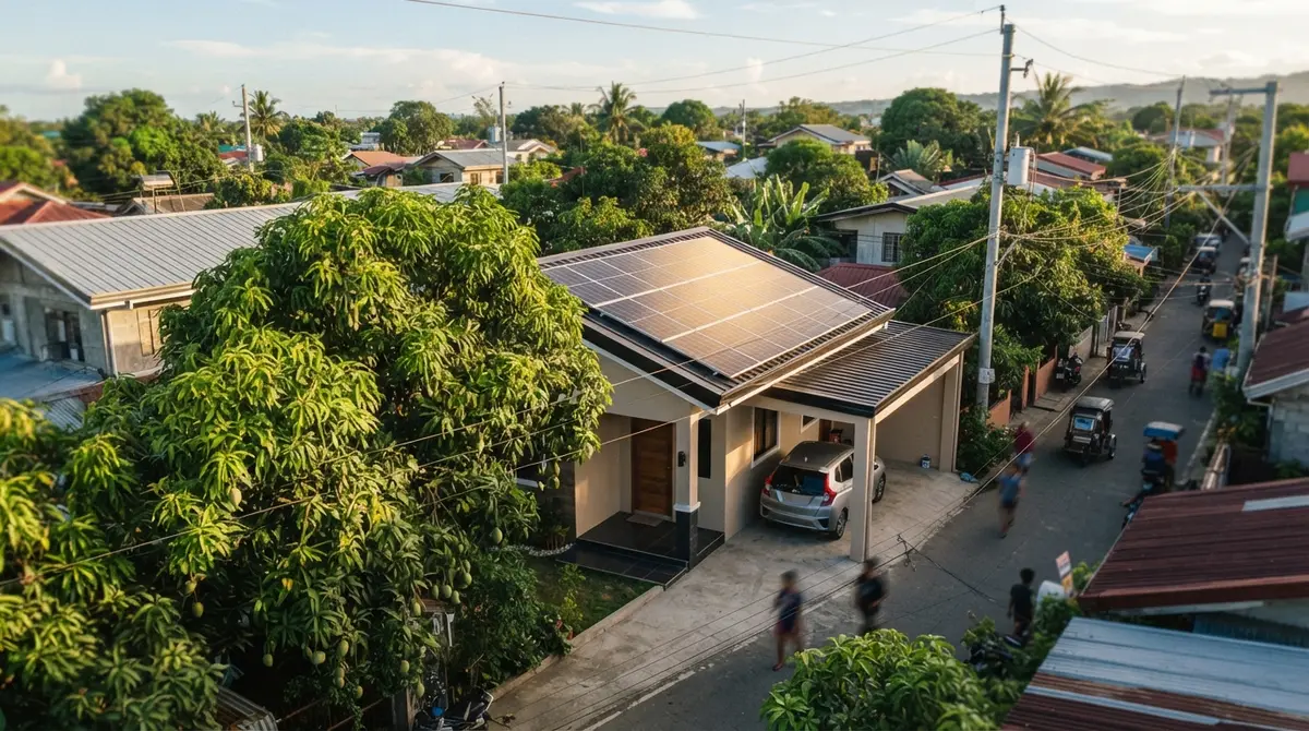 Sunlight reflects off a rooftop solar array installed on a tropical home with trees nearby.