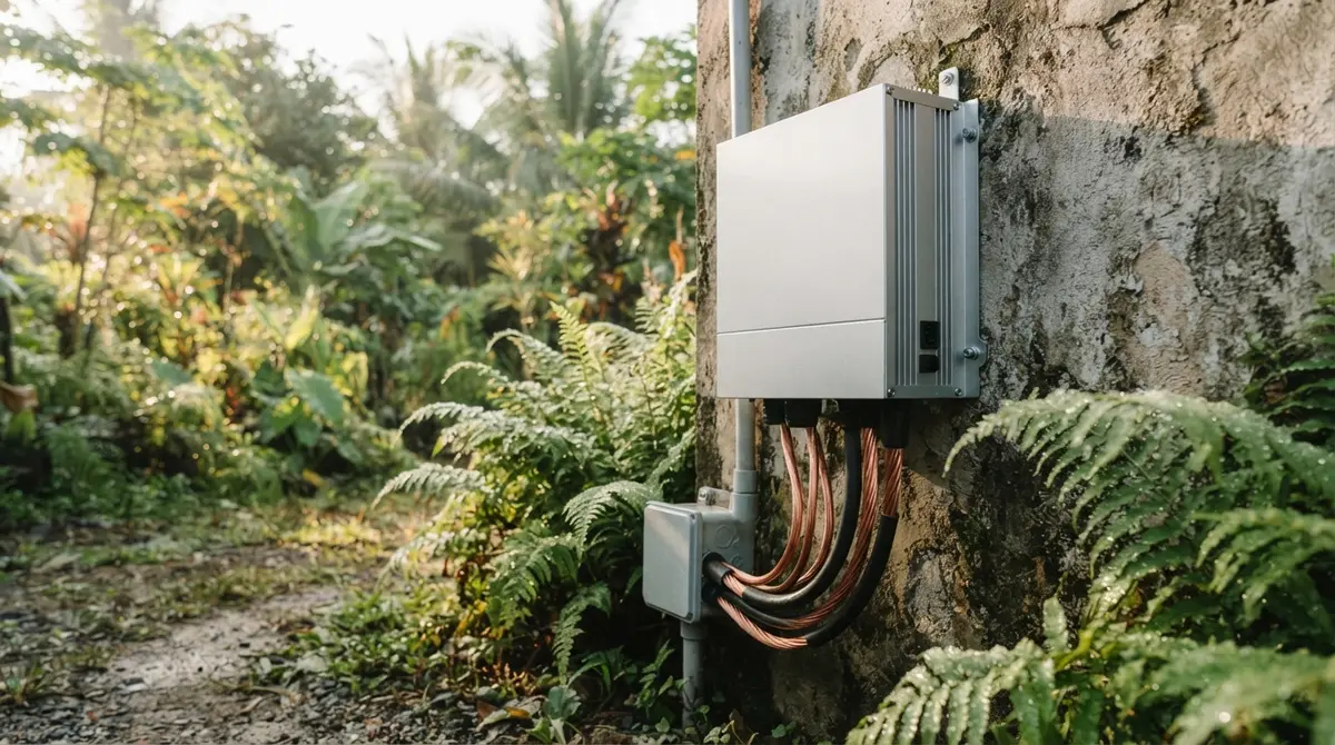 A metallic inverter mounted on a concrete wall surrounded by green tropical plants.