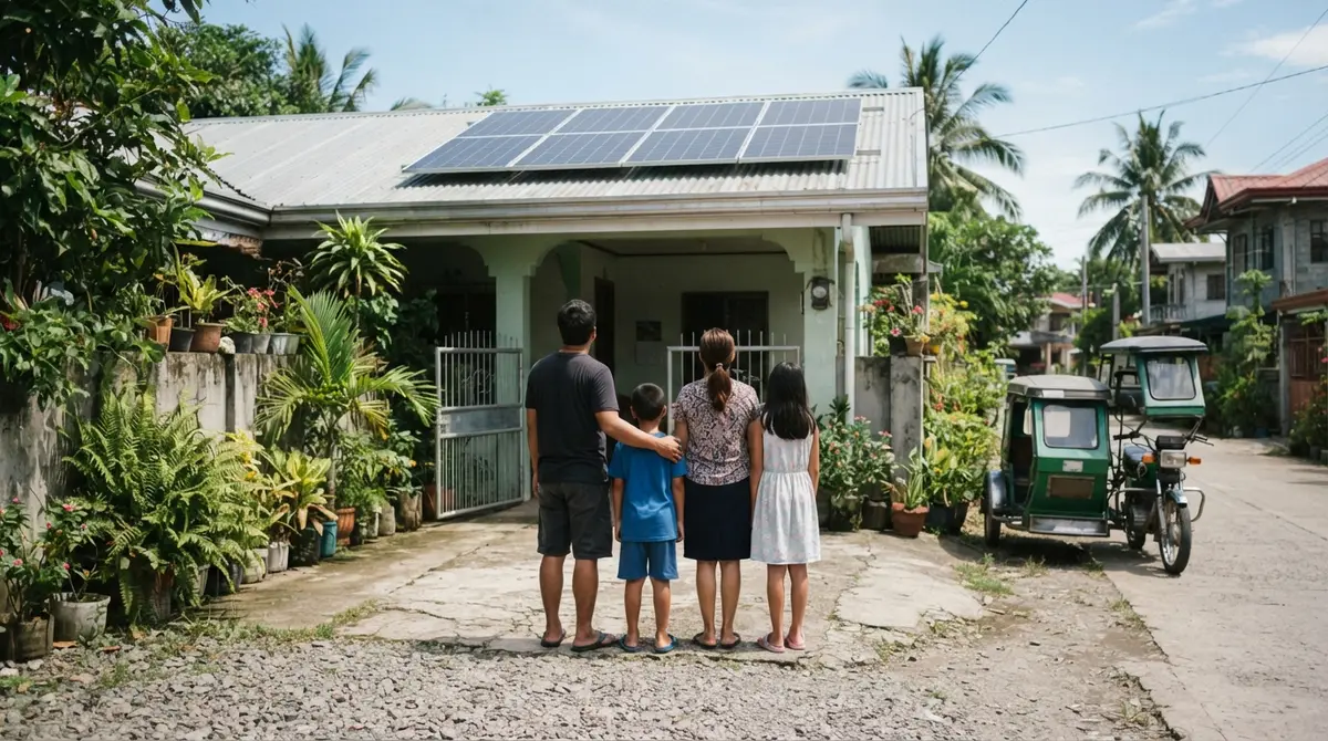 A family stands in their driveway looking up at the solar panels on their roof.