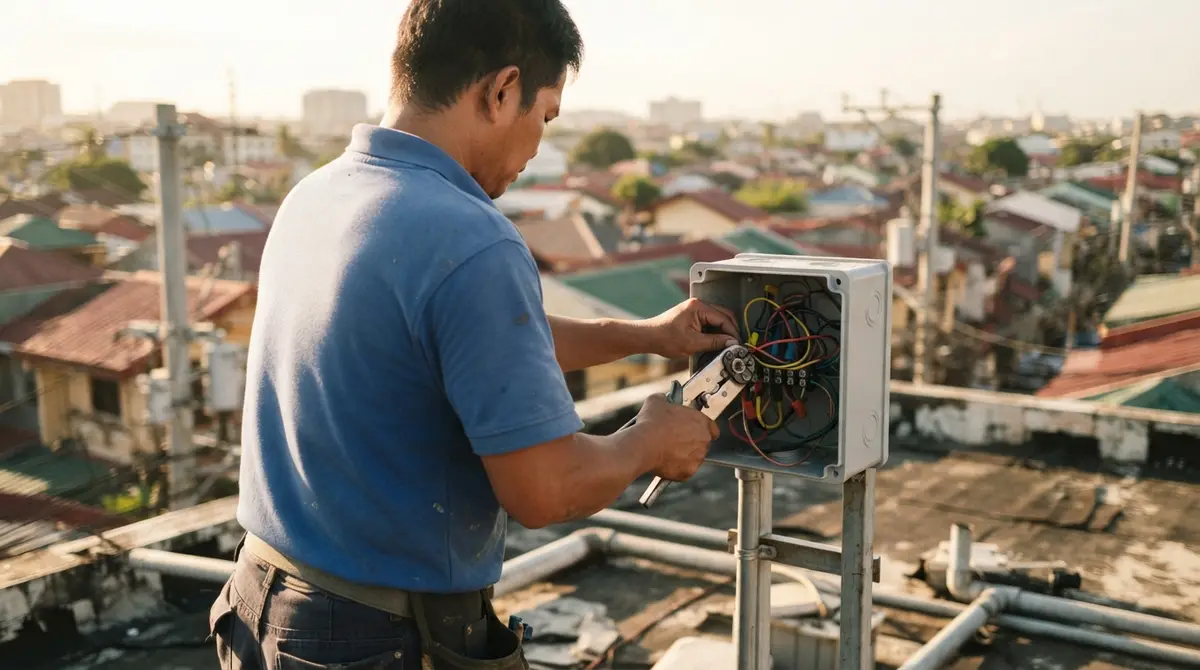 An electrician using a crimping tool on wires inside a metal electrical box on a rooftop.