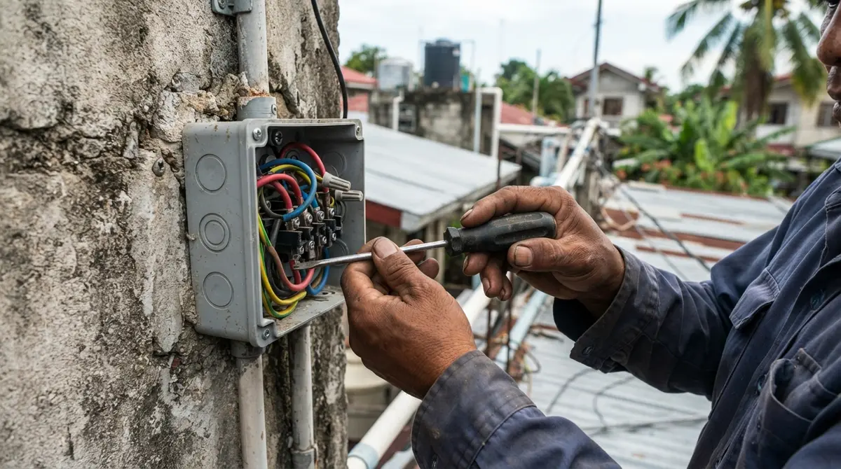 Hands securing electrical wires inside a junction box mounted on a concrete wall.