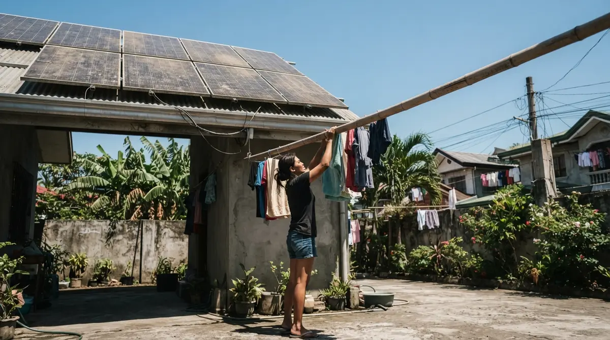 A woman hangs laundry on a rooftop with solar panels under a bright sky.