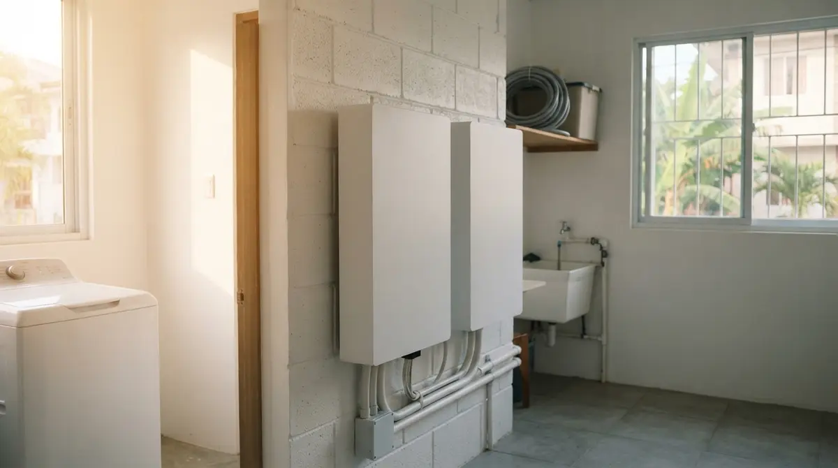 Two rectangular wall-mounted home battery units installed side by side on a clean white wall.