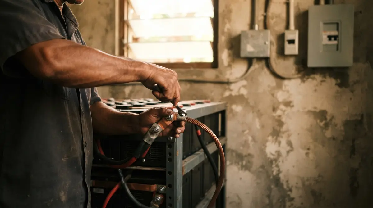 Technician hands connecting thick power cables to a rack-mounted battery bank in a utility room.