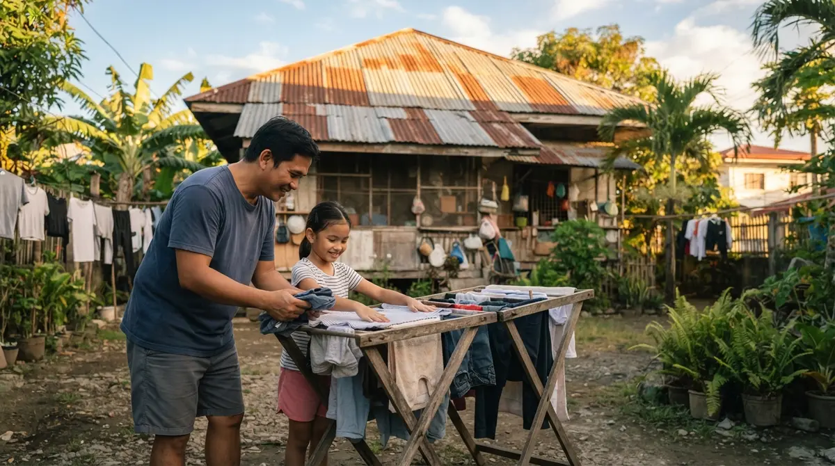 A father and daughter folding laundry outdoors beneath a sun-drenched roof with solar panels.