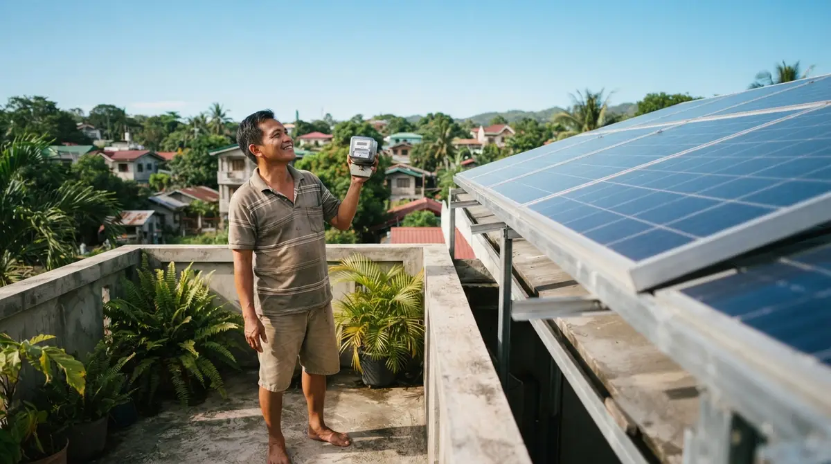 A person on a balcony holds an analog meter while looking at rooftop solar panels.