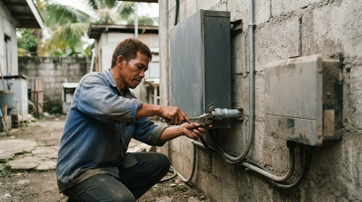 Technician working on a residential battery storage system mounted on an outdoor concrete wall.