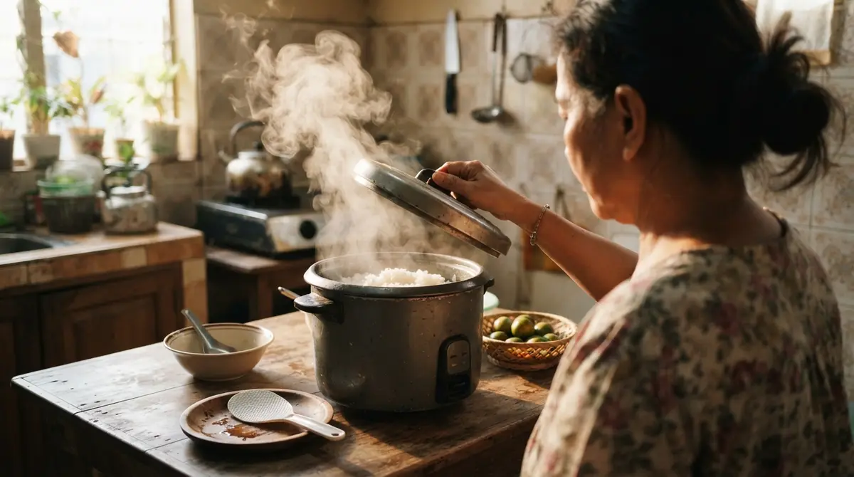 Steam rises from an open rice cooker placed on a wooden kitchen table in sunlight.