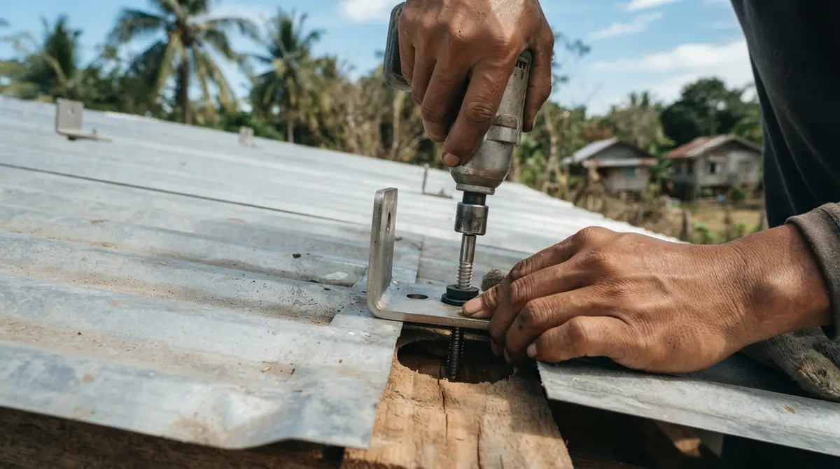 A metal mounting bracket being bolted firmly onto a corrugated steel roof sheet.