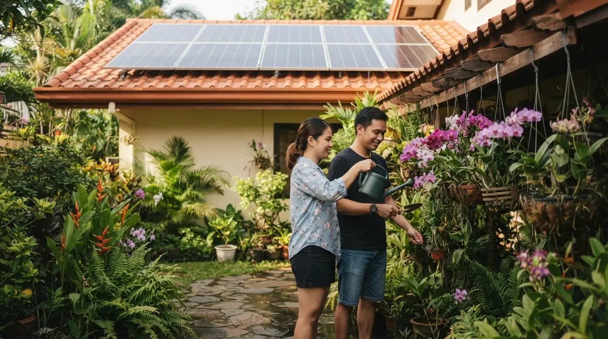 A couple waters orchids in a garden beneath a home with rooftop solar panels.