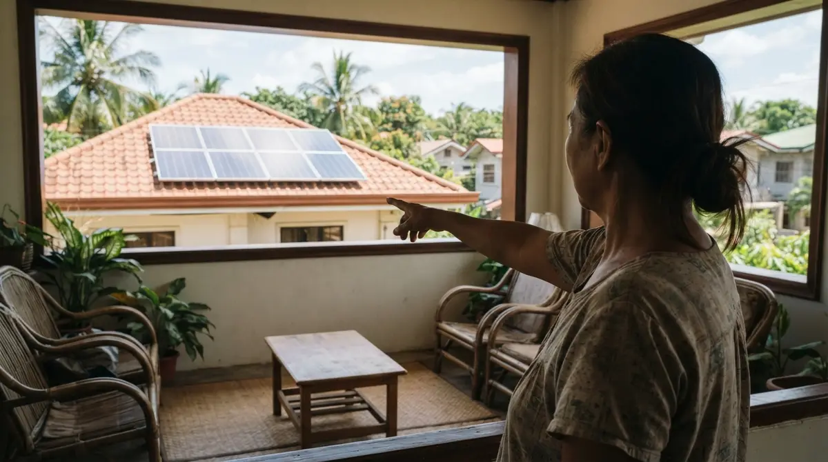 View from inside a bright home looking out toward solar panels on a neighboring roof.