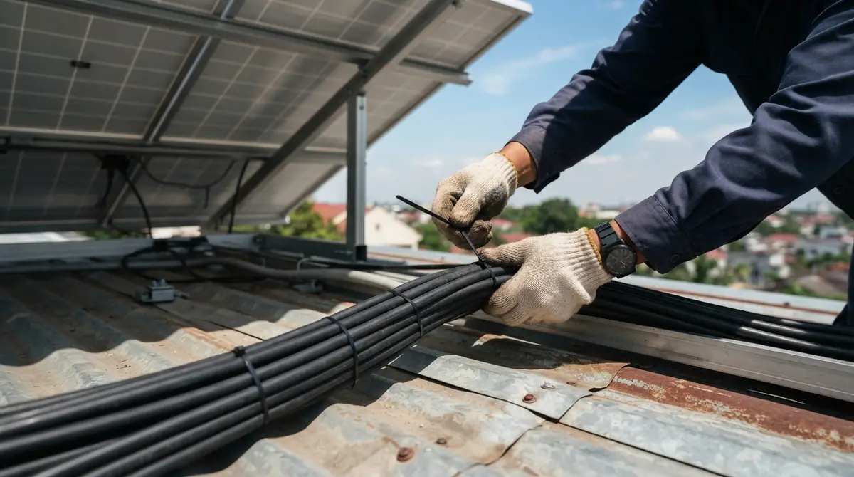 Close-up of hands bundling thick electrical cables behind rooftop solar panels on a metal roof.