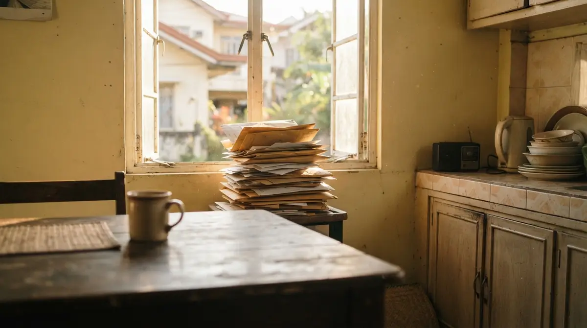 A stack of utility envelopes sitting on a wooden table near a sunlit window.