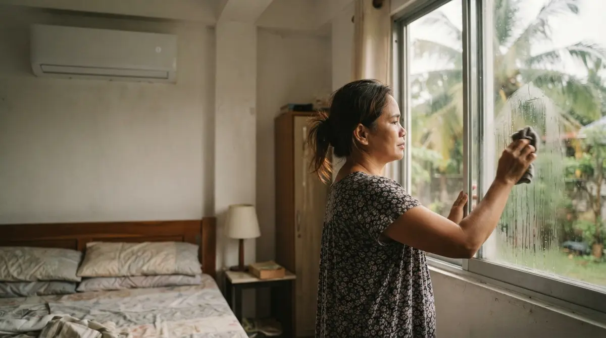 A person wiping a window in a bedroom with an air conditioning unit above.