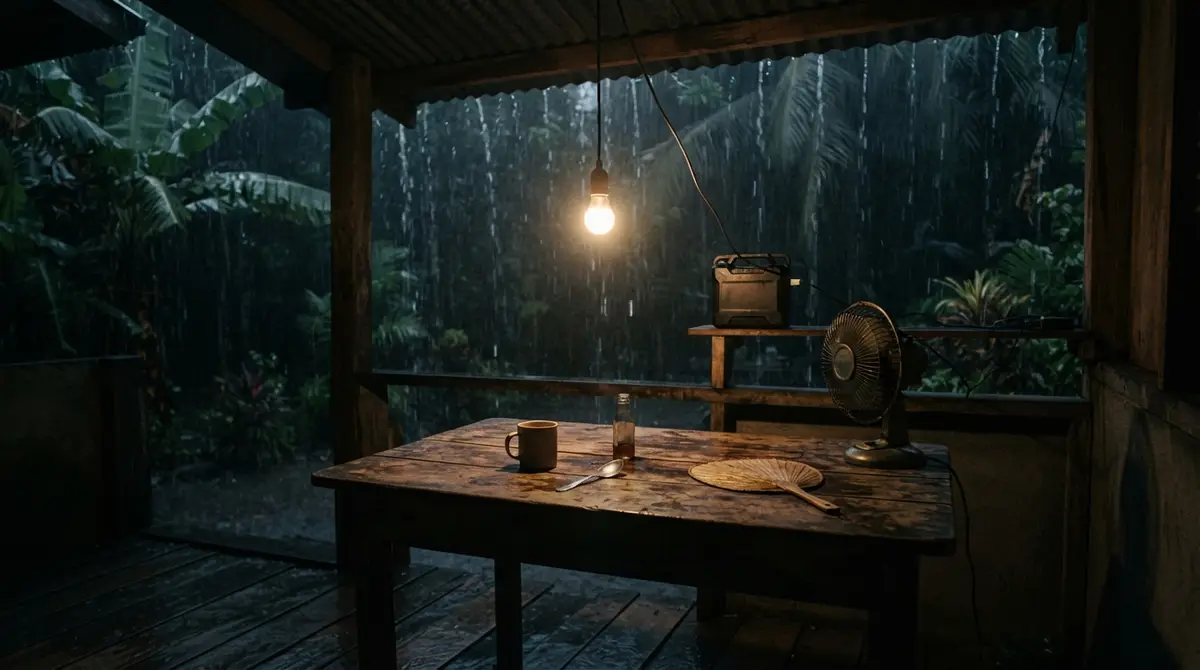 A small lightbulb and a fan glowing on a porch during a tropical rainstorm.