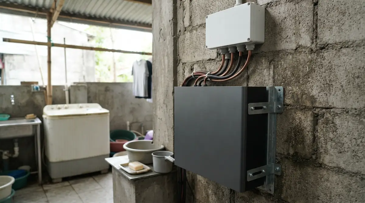 A white home battery unit mounted on a textured concrete wall with wiring visible.