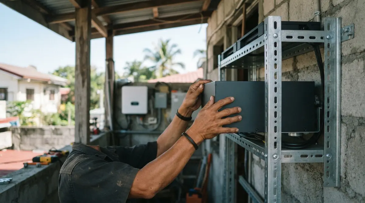 A technician mounts a modern rectangular battery module onto a wall-mounted metal rack.