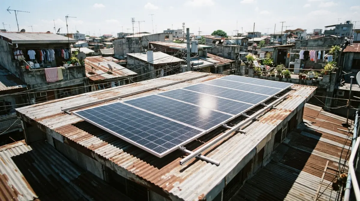 Row of dark solar panels mounted on a residential corrugated metal roof under bright sunlight.
