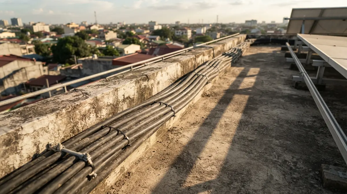 Black electrical cables bundled along a sunlit concrete rooftop parapet near solar panel mounting hardware.