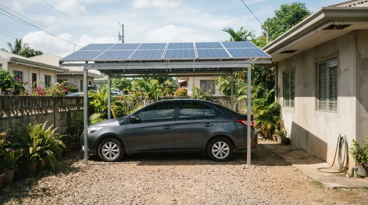 A car parked under a metal frame covered with solar panels in a driveway.