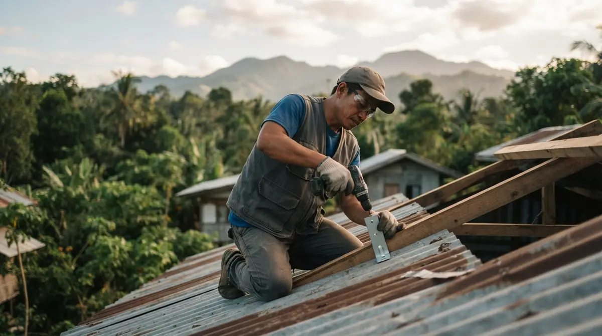 A worker kneeling on a metal roof carefully adjusting a solar mounting bracket.