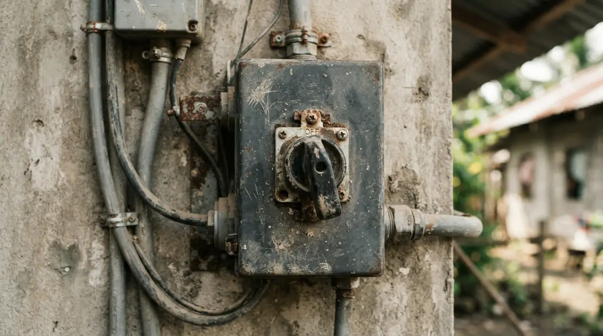 A close-up of a rugged electrical switch on a concrete wall outdoors.