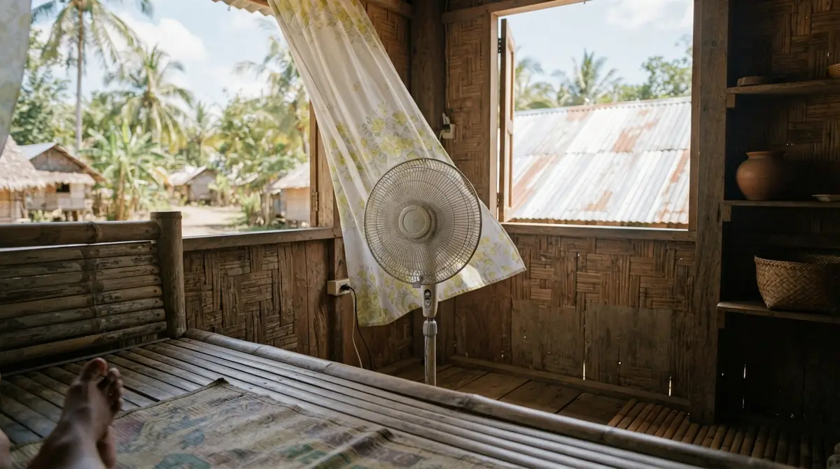 A pedestal fan stands inside a sunlit bamboo home near an open window.