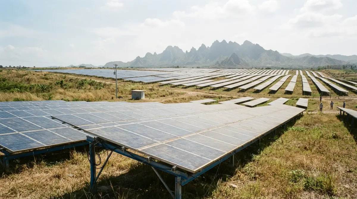 Endless rows of ground-mounted solar panels stretching across a field toward distant mountains.