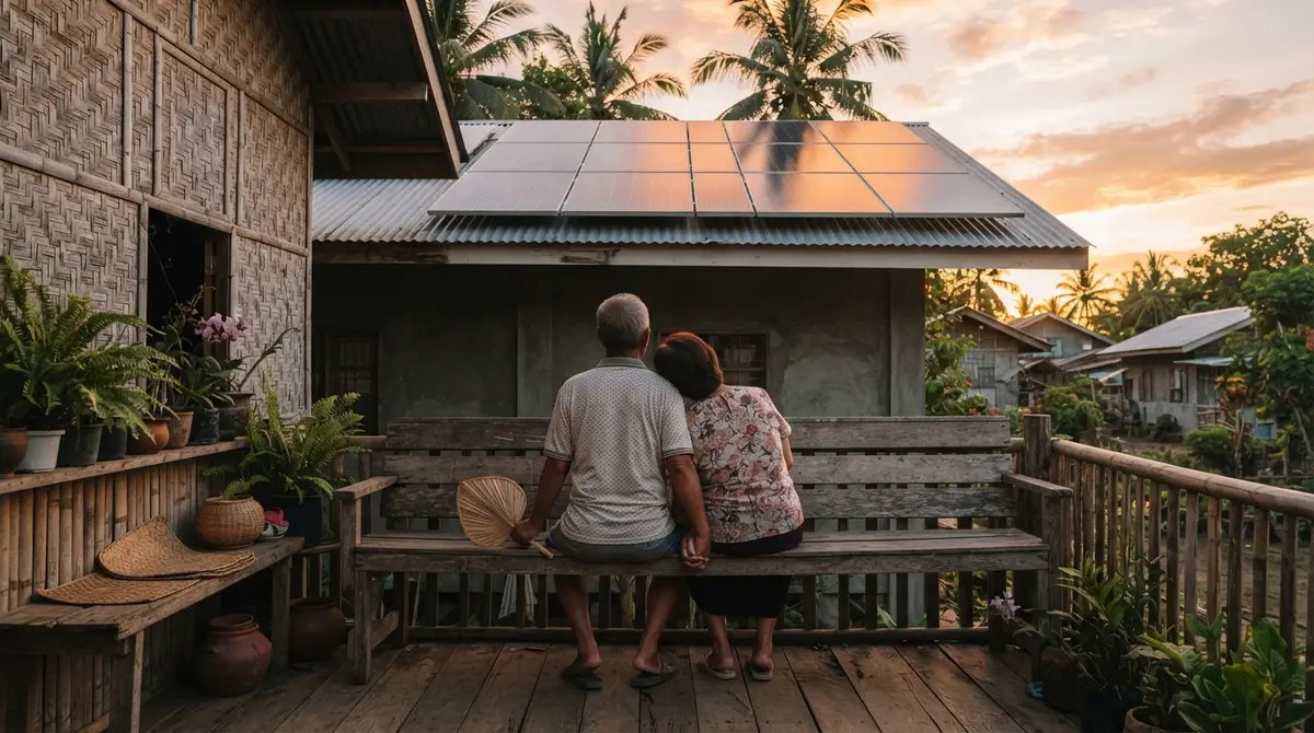 An elderly couple sits on a porch looking at solar panels on a rooftop.