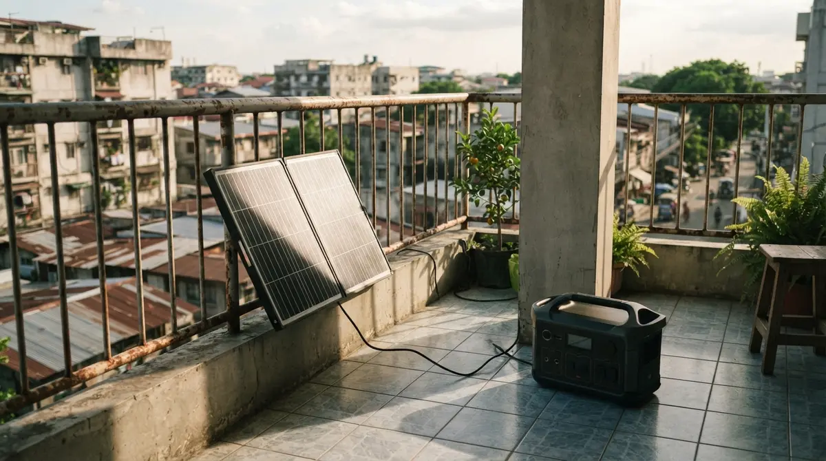 A small solar panel sits on a balcony floor connected to a portable power station.