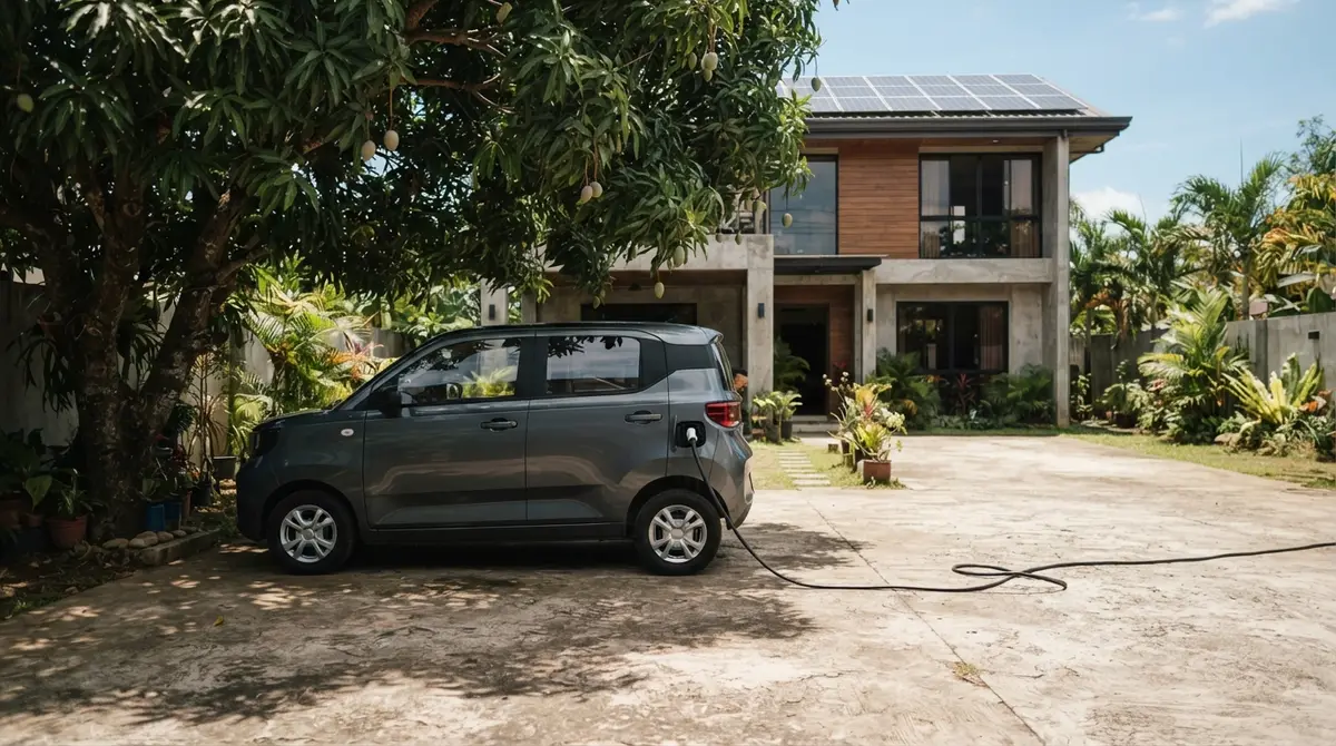 An electric car parked in a sunny driveway connected to a wall charging cable.