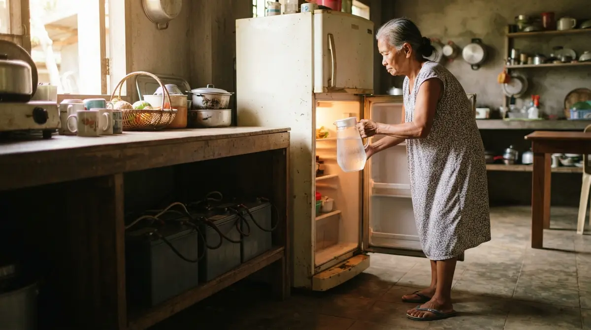 An elderly woman reaching into a refrigerator inside a bright sunlit Philippine kitchen.