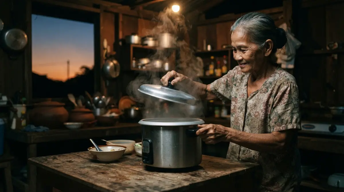 A person lifts the lid of a steaming rice cooker in a rustic kitchen at dusk.