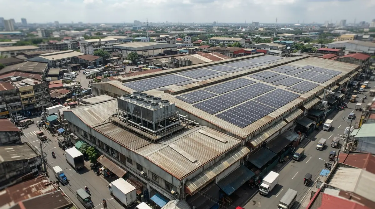 Rows of solar panels covering the metal roof of a large industrial warehouse building.