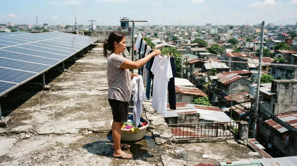 A woman hangs wet laundry on a clothesline on a sunny rooftop covered with solar panels.