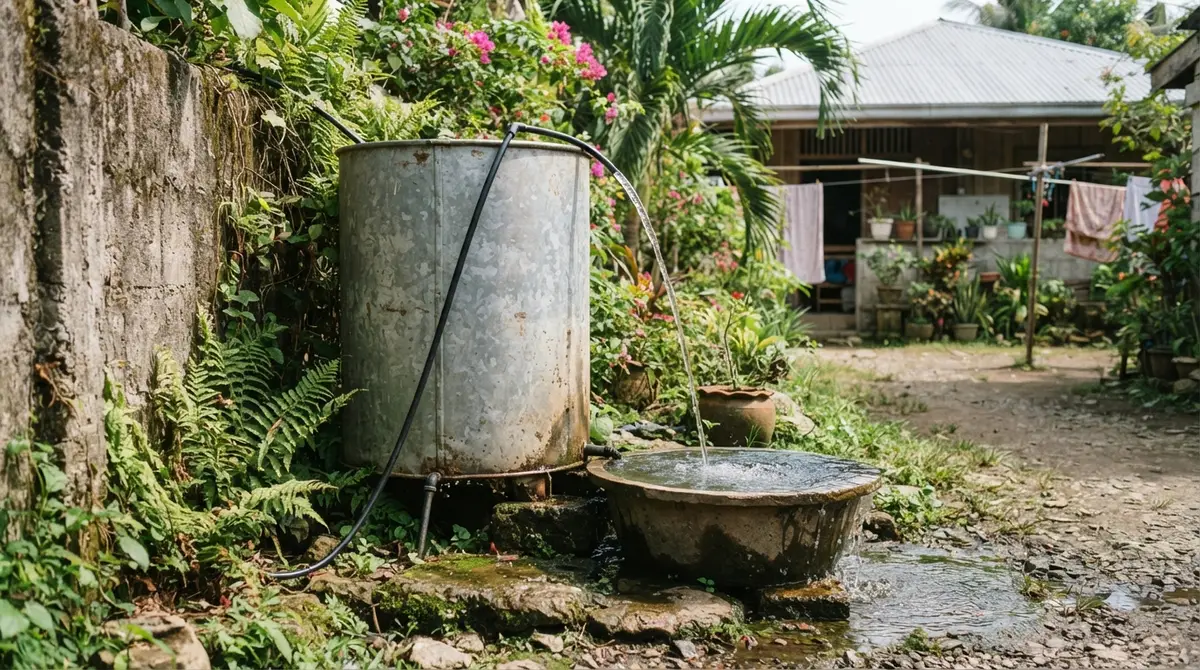 A metal water tank with a pipe pouring water into a concrete basin.