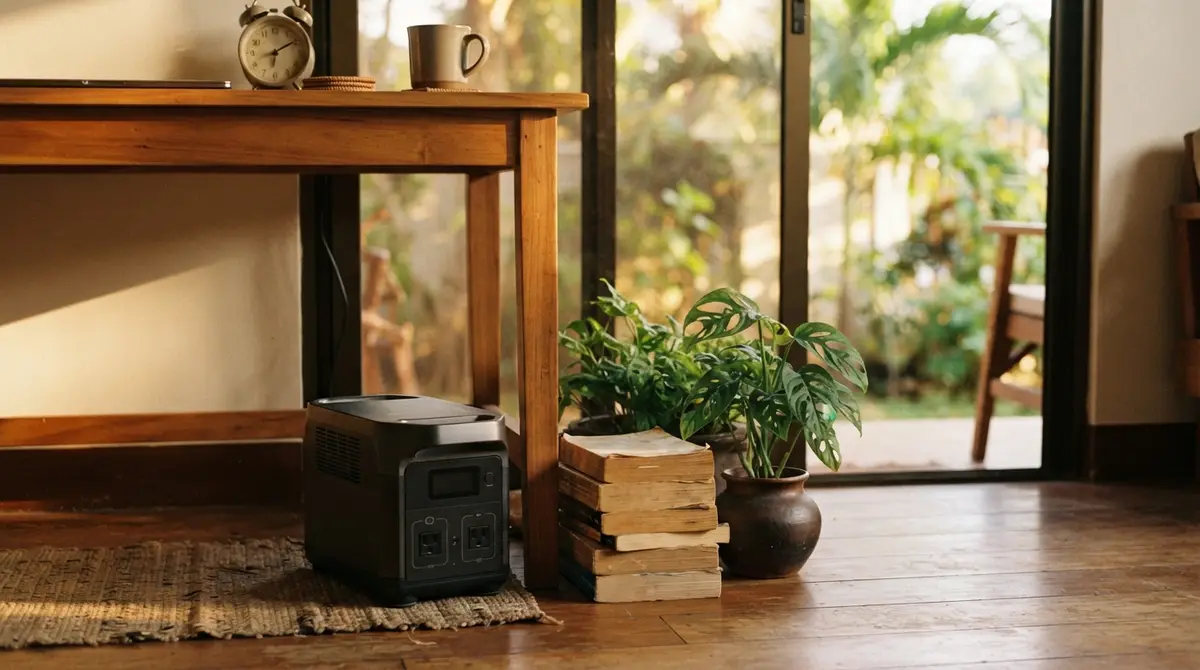 A compact portable power station sitting on a wooden floor next to a desk.
