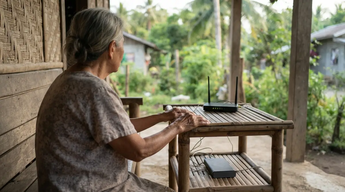 A small router glows on a bamboo table inside a rustic Philippine home.