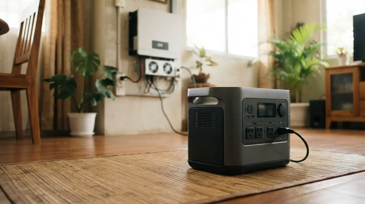 A portable power station on a mat with a wall-mounted inverter in the background.