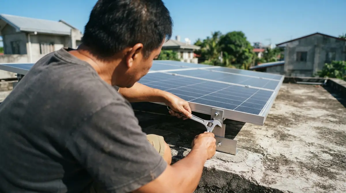 A person using a wrench to tighten a metal bracket on a rooftop solar panel.
